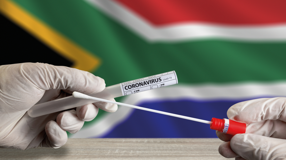 Руки в перчатках держат мазок на коронавирус перед флагом ЮАР