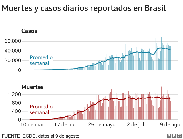 Gráfico sobre muertes y casos diarios de coronavirus en Brasil.