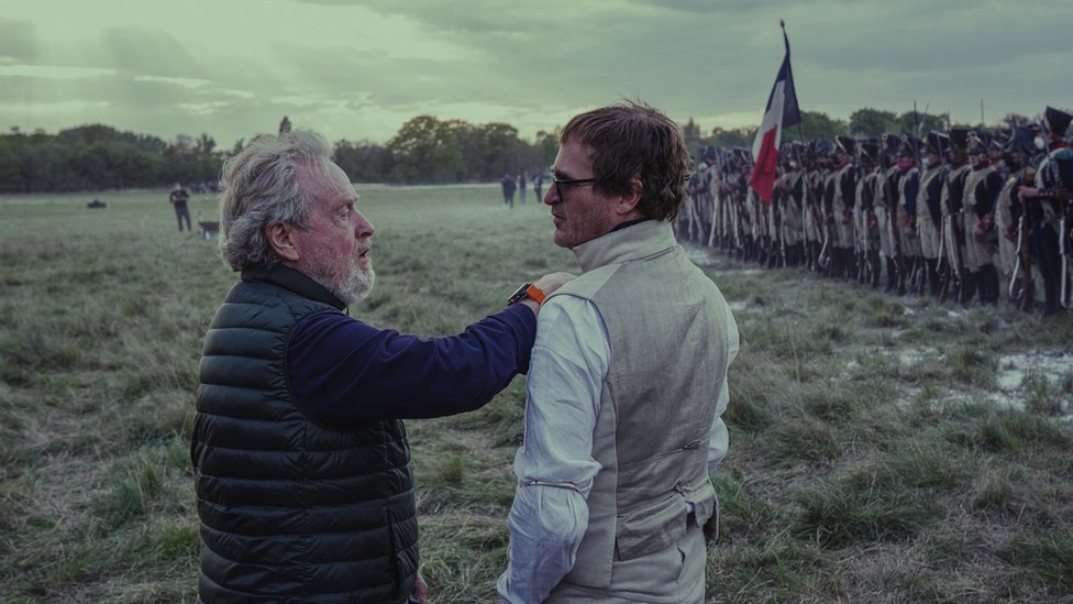 Director Ridley Scott with lead actor Joaquin Phoenix on the set of the film Napoleon