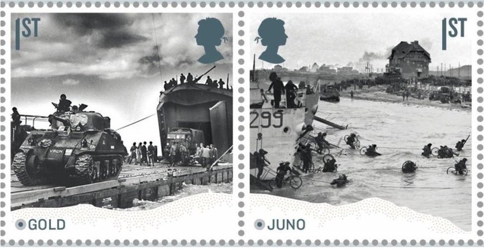 Коллекции марок к годовщине высадки десанта с изображением войск на пляжах Голд и Джуно
