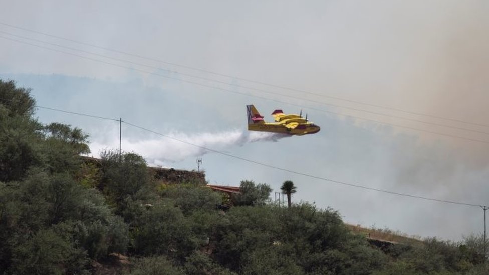 Самолет сбрасывает воду на лесной пожар на Гран-Канарии