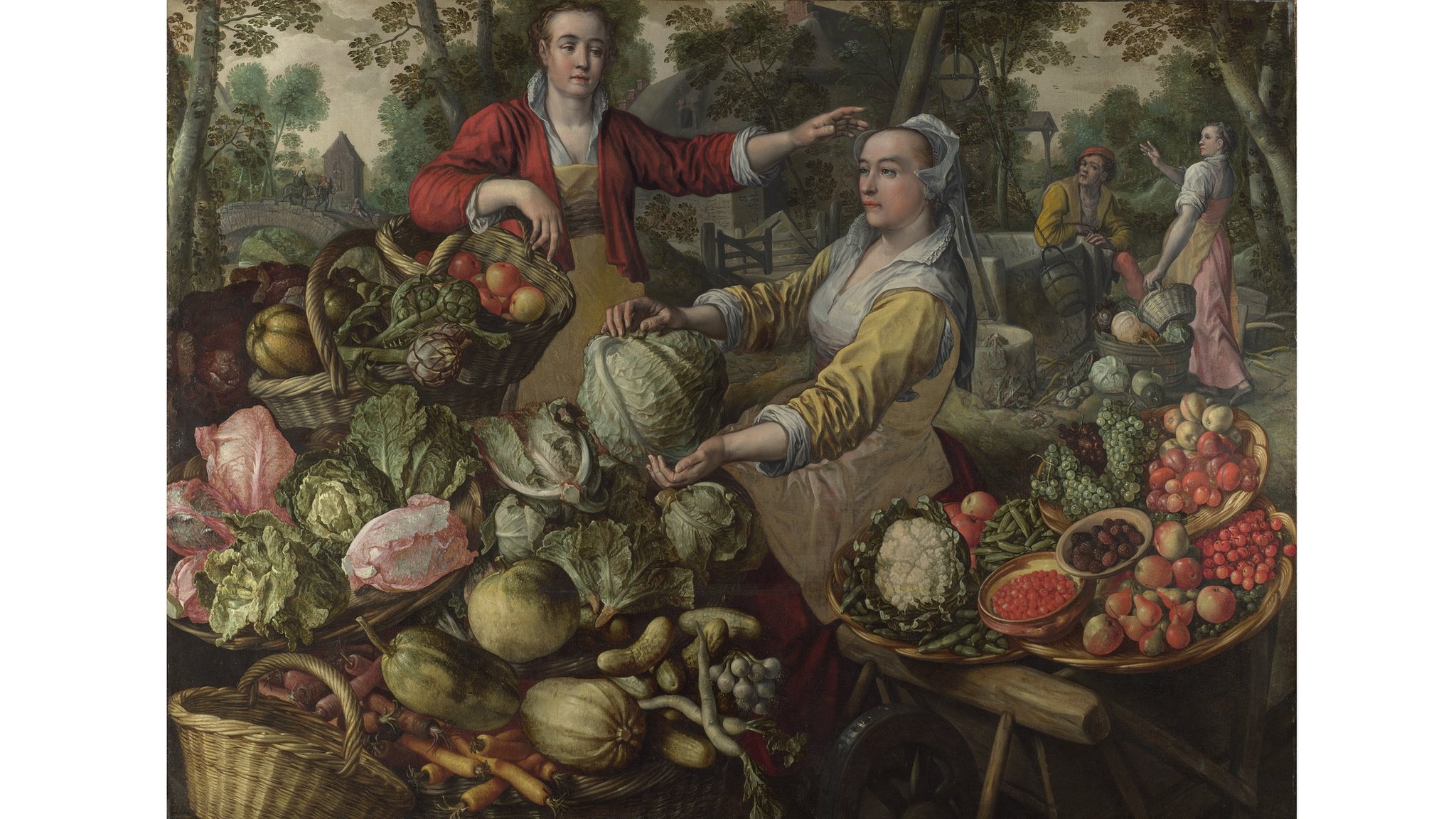 A obra 'Os Quatro Elementos - Terra', de Joachim Beuckelaer, mostra uma cena de duas mulheres cercadas por vegetais