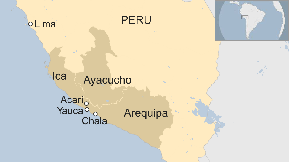 Карта Перу, на которой показаны районы Арекипа, Ика и Аякучо, пострадавшие от землетрясения 14 января 2018 года.