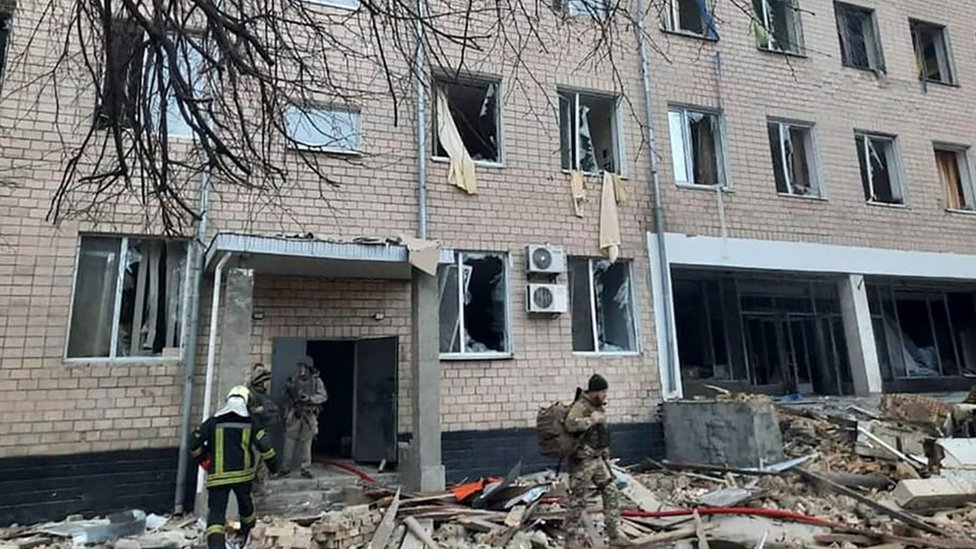 A photo provided by the press service of the Ukrainian Ministry of Internal Affairs shows the aftermath of an explosion in the building of a military unit in Kiev.