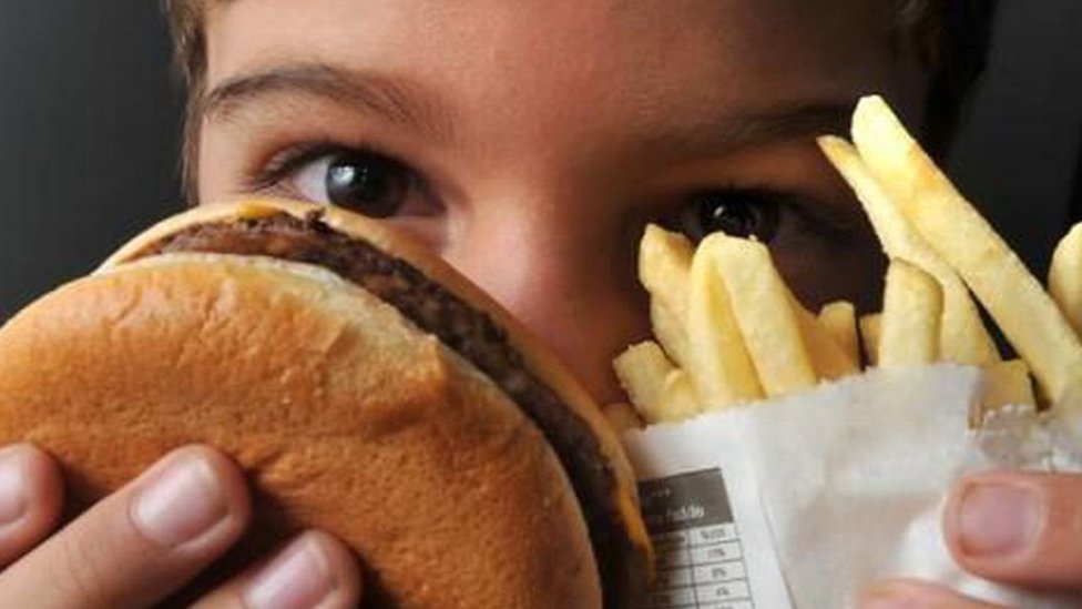 Foto mostra menino segurando um hambúrguer e um pacote de batatas fritas