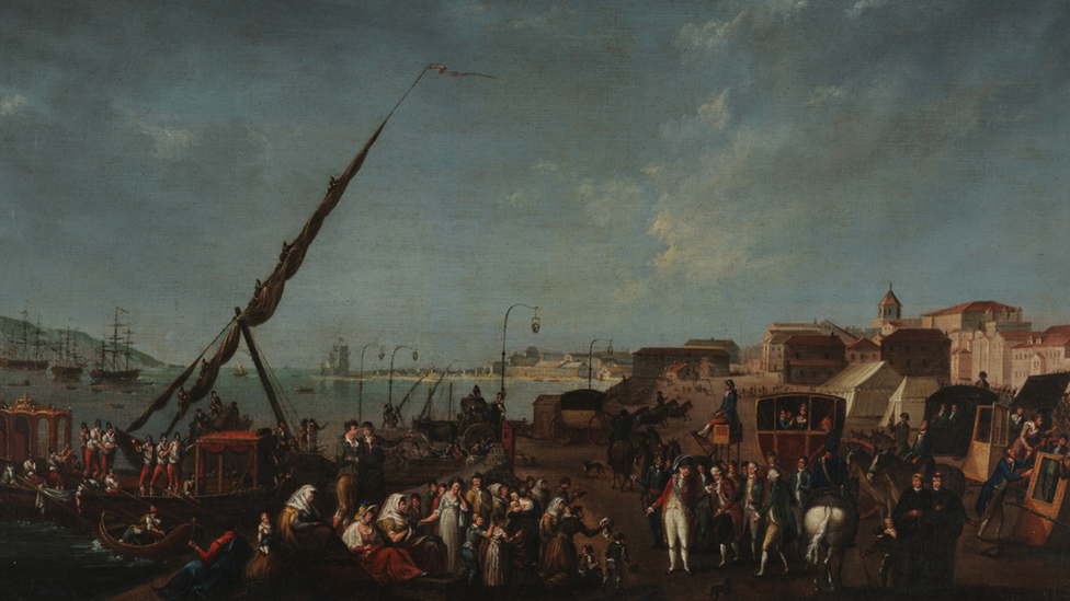 Embarque de la familia real portuguesa a Brasil en un cuadro atribuido a Nicolas-Louis-Albert Delerive