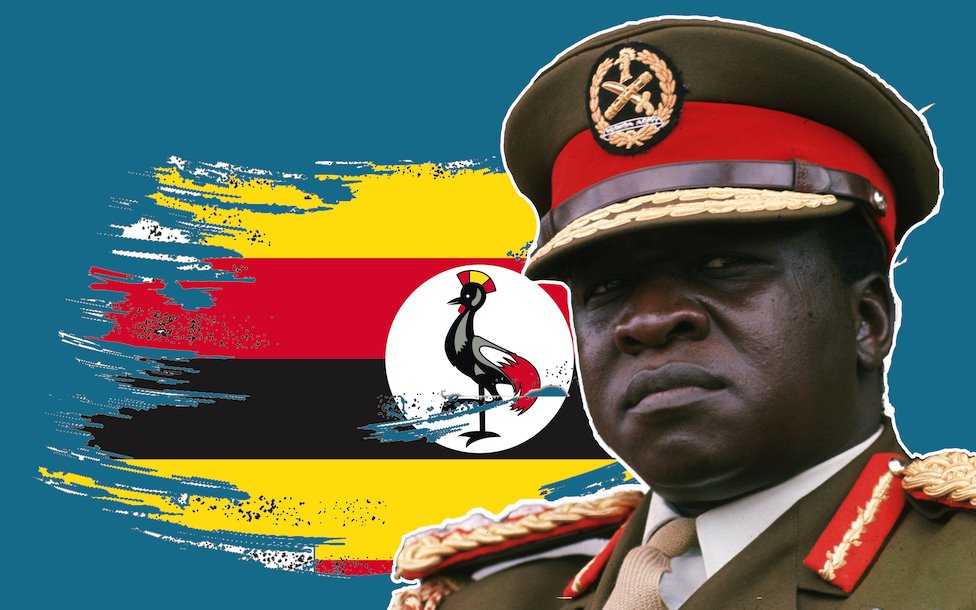Image of Idi Amin over a treated flag of Uganda