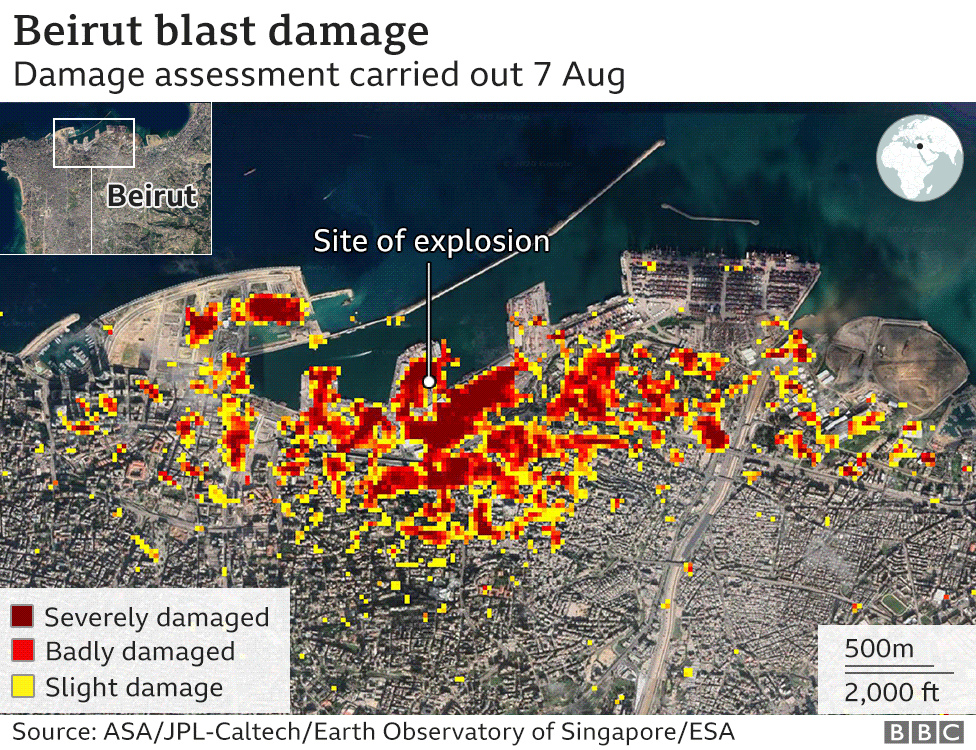 Оценка НАСА ущерба Бейруту после взрыва 4 августа 2020 года