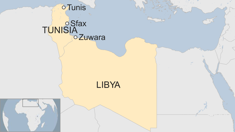 Карта, показывающая Ливию, Тунис и расположение городов Тунис, Сфакс и Зуварах