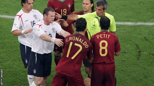 Rooney pushes Ronaldo in front of referee, 2006 World Cup quarter final.
