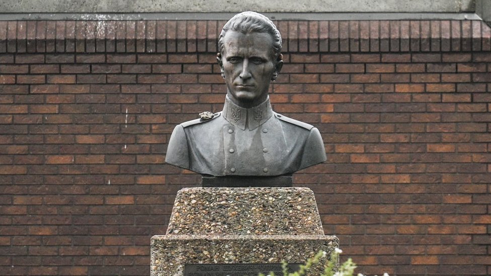 Roman Shukhevych controversial sculpture located near the Ukrainian Youth Association in Edmonton