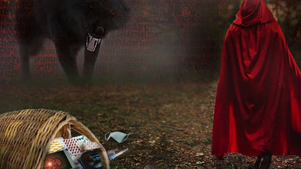 Graphic showing little red riding hood and a wolf