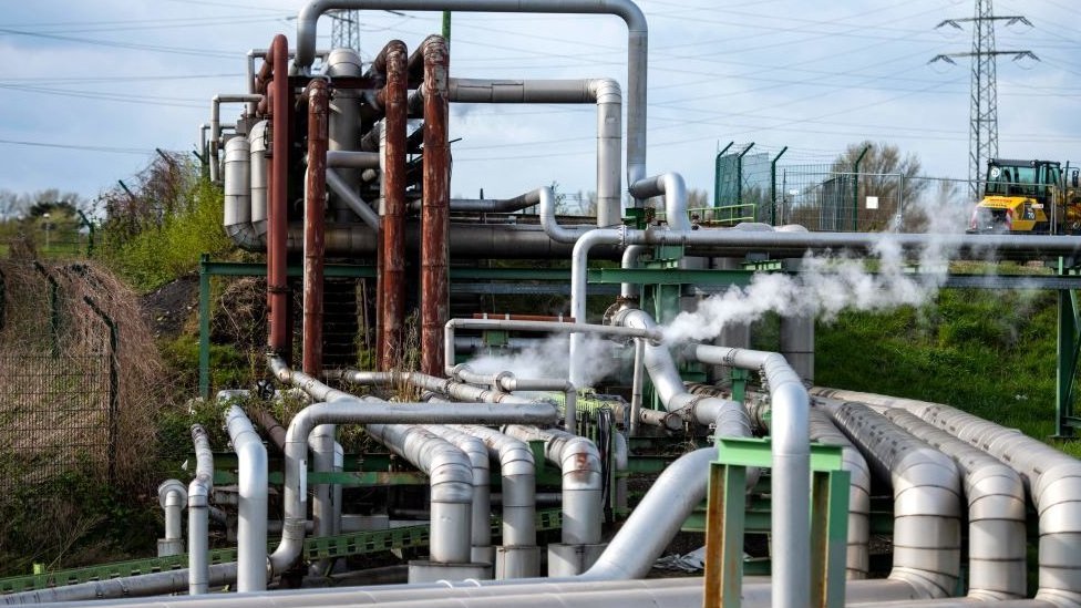 Supply pipes at the Ruhr Oel petroleum refineries of BP Gelsenkirchen GmbH in Gelsenkirchen, western Germany on March 8, 2022.