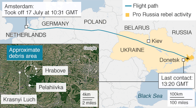 На карте показан маршрут рейса MH17