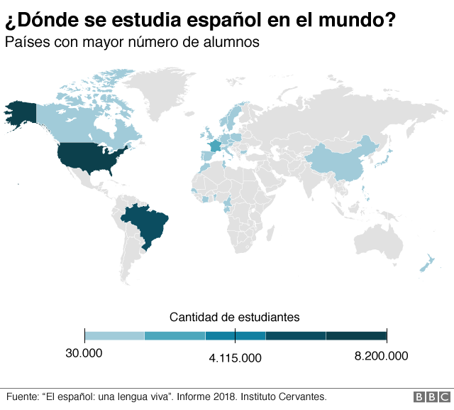 Mapa con datos sobre alumnos de español en el mundo.