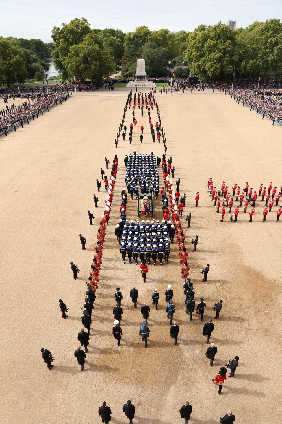 The Royal Navy pulls the gun carriage across Horse Guards Parade.