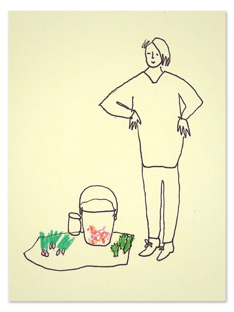 Un dibujo de Alevtina de su madre en el huerto con tomates