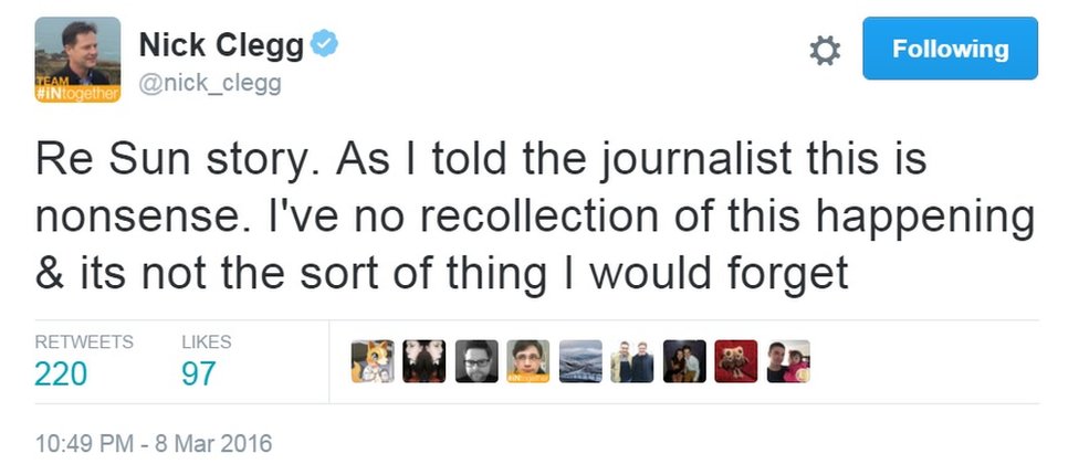 Твит Ника Клегга, в котором говорится: «Re Sun. Как я сказал журналисту, это чушь. Я не припомню, чтобы это происходило, и я бы не забыл об этом».