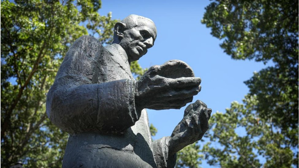 A statue of Nikola Tesla on the grounds of Wardenclyffe, Tesla's former research facility, located in Shoreham, New York, on August 31, 2022.