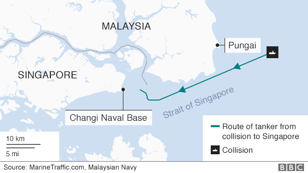 Карта с изображением Сингапура и Сингапурского пролива