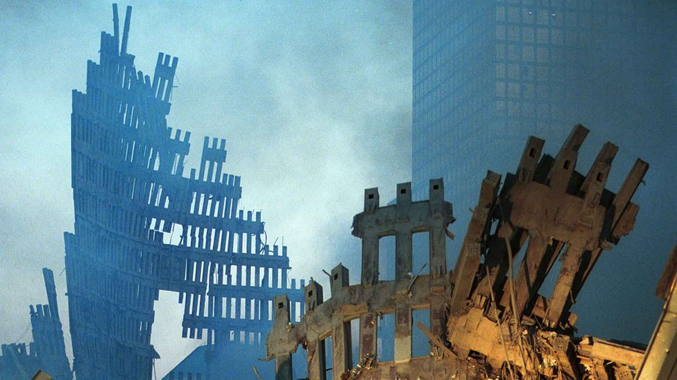 Ruins of the twin towers, two days after the attack.