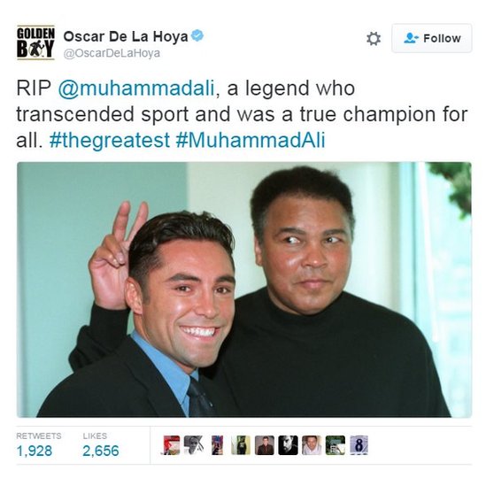 RIP @MuhammedAli, легенда, которая вышла за рамки спорта и был настоящим чемпионом для всех. 'величайший # МухаммедАли