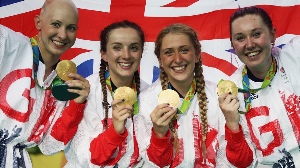 Золотые медалисты женской командной гонки преследования команды Великобритании