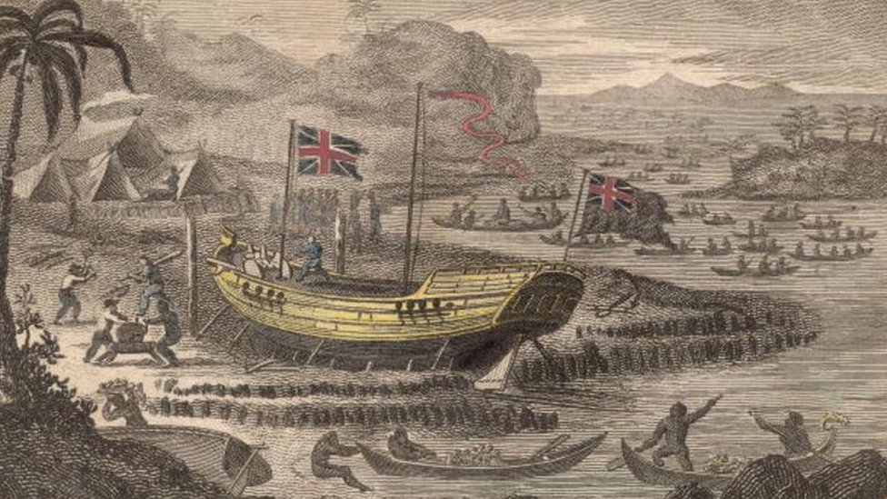 Dentro de las potencias coloniales que controlaron u ocuparon el archipiélago figuran los imperios español, alemán, japonés y Estados Unidos. Se independizó de Estados Unidos en 1943. Un grabado que muestra el barco de Henry Wilson capitán de la British East India Company, a punto de salir de las Islas Pelew, después la República de Palaos, en 1783.