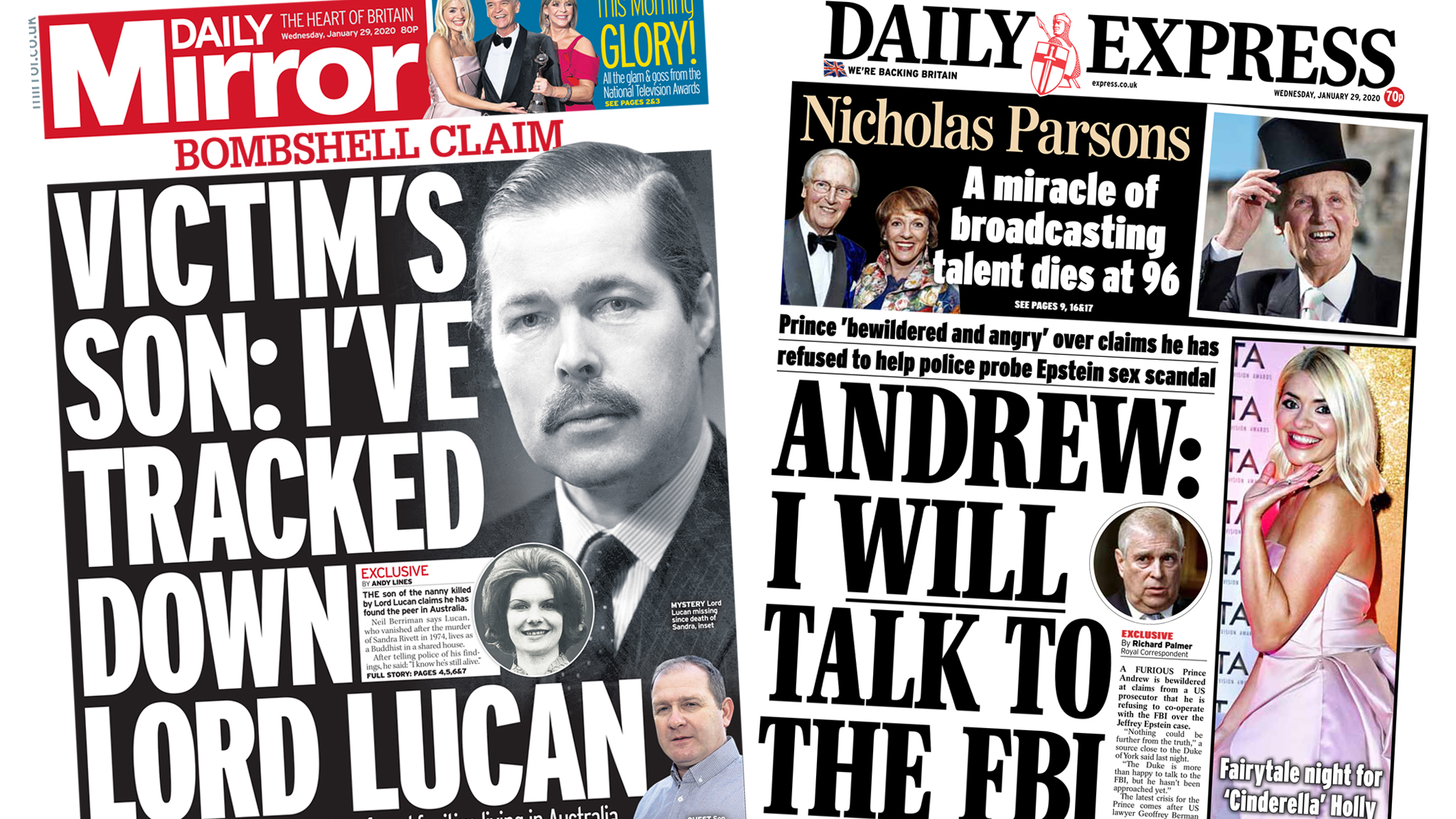 Newspaper headlines Lord Lucan found and Prince Andrew bewildered photo image