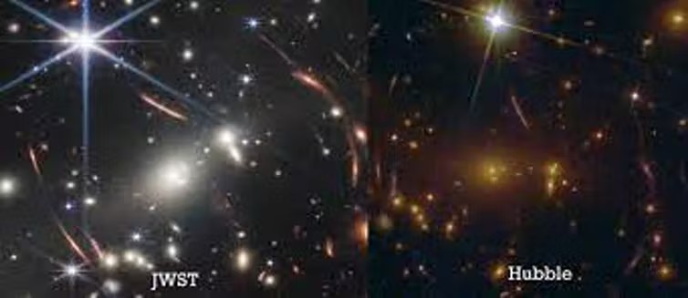 Comparativa de la misma zona espacio profundo entre el JWST (imágenes estrelladas de 8 puntas) y el Hubble (4 puntas).