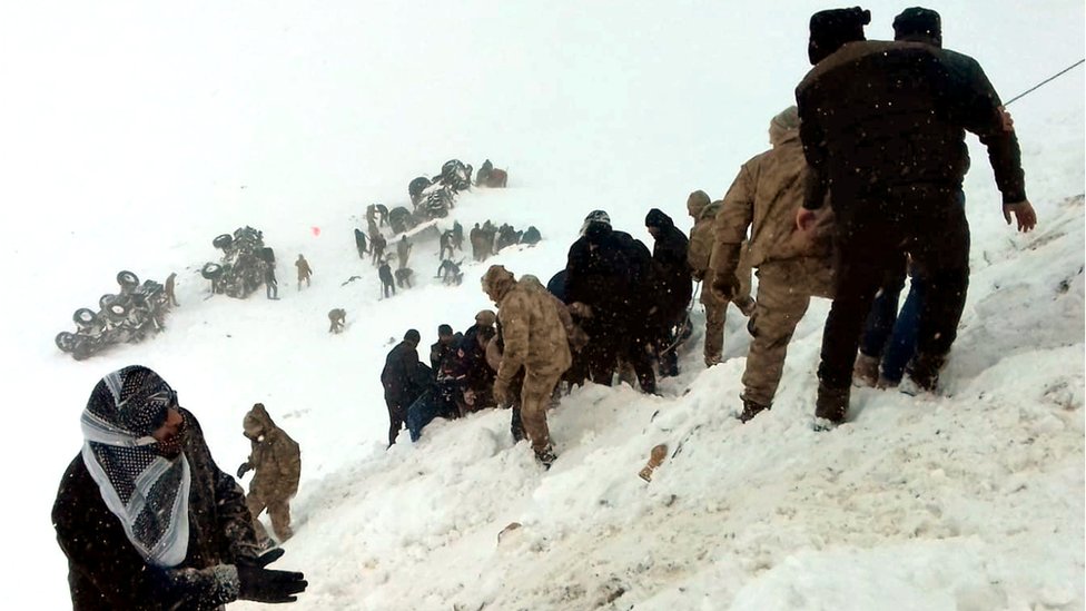 Turkish soldiers and locals try to rescue people trapped under snow following an avalanche in Bahcesaray in Van province, Turkey, 5 February 2020