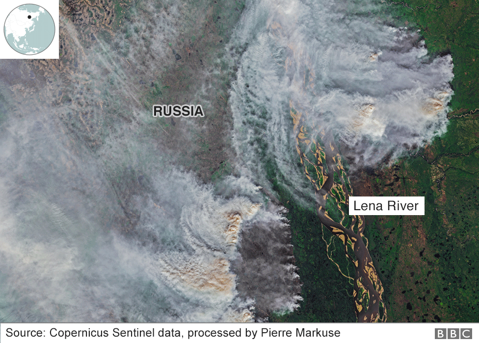 Спутниковый снимок лесных пожаров в Сибири