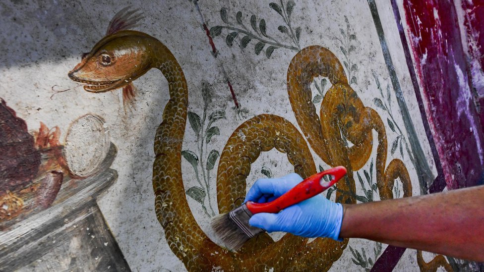 Рабочий в перчатке аккуратно чистит фреску со змеей в окружении зелени на стене в Помпеях