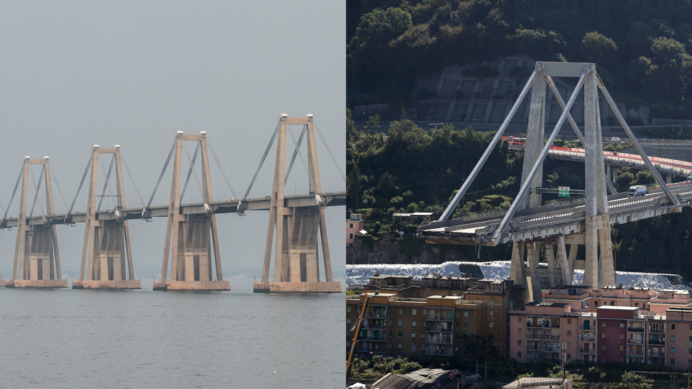 El puente venezolano (izquierda) lo inauguraron en 1962, cinco años antes que el genovés. Puente Rafael Urdaneta, en Venezuela, y puente desplomado en Génova, Italia.