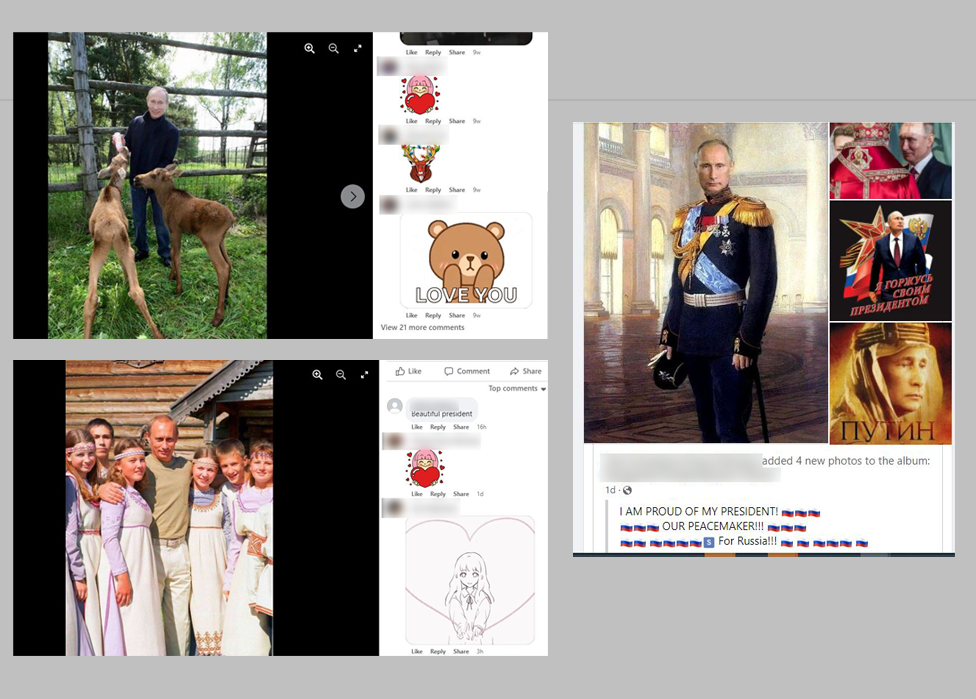 Tres capturas de pantalla de grupos pro-Putin. Uno lo muestra alimentando a un ciervo bebé, otro rodeado de niñas con trajes tradicionales y un tercero con uniforme militar.