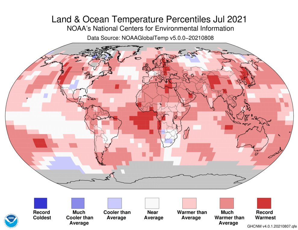 الخارطة التي نشرتها الوكالة الأمريكية لمعدلات درجات الحرارة على الأرض في الشهر الماضي