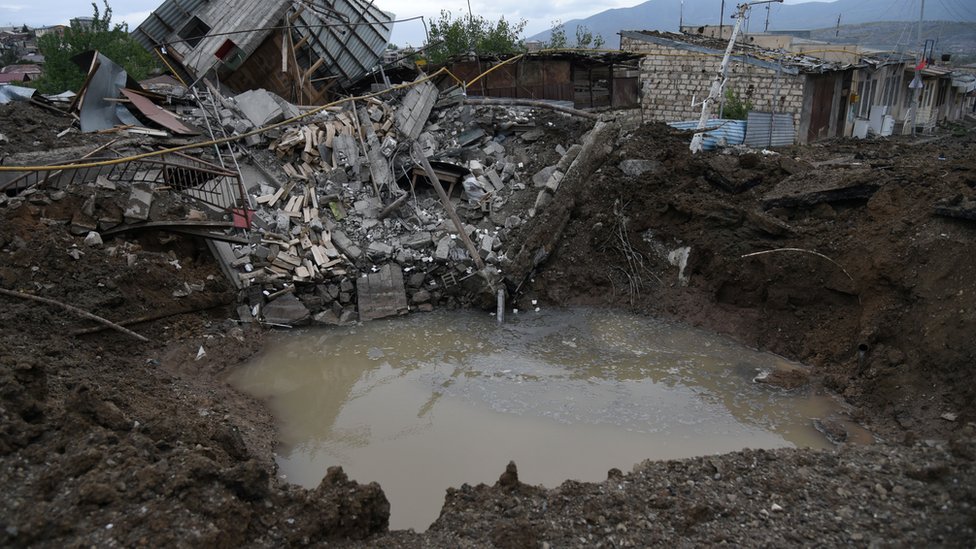 A view shows aftermath of recent shelling during the ongoing fighting between Armenia and Azerbaijan over the breakaway Nagorno-Karabakh region, in the disputed region's main city of Stepanakert