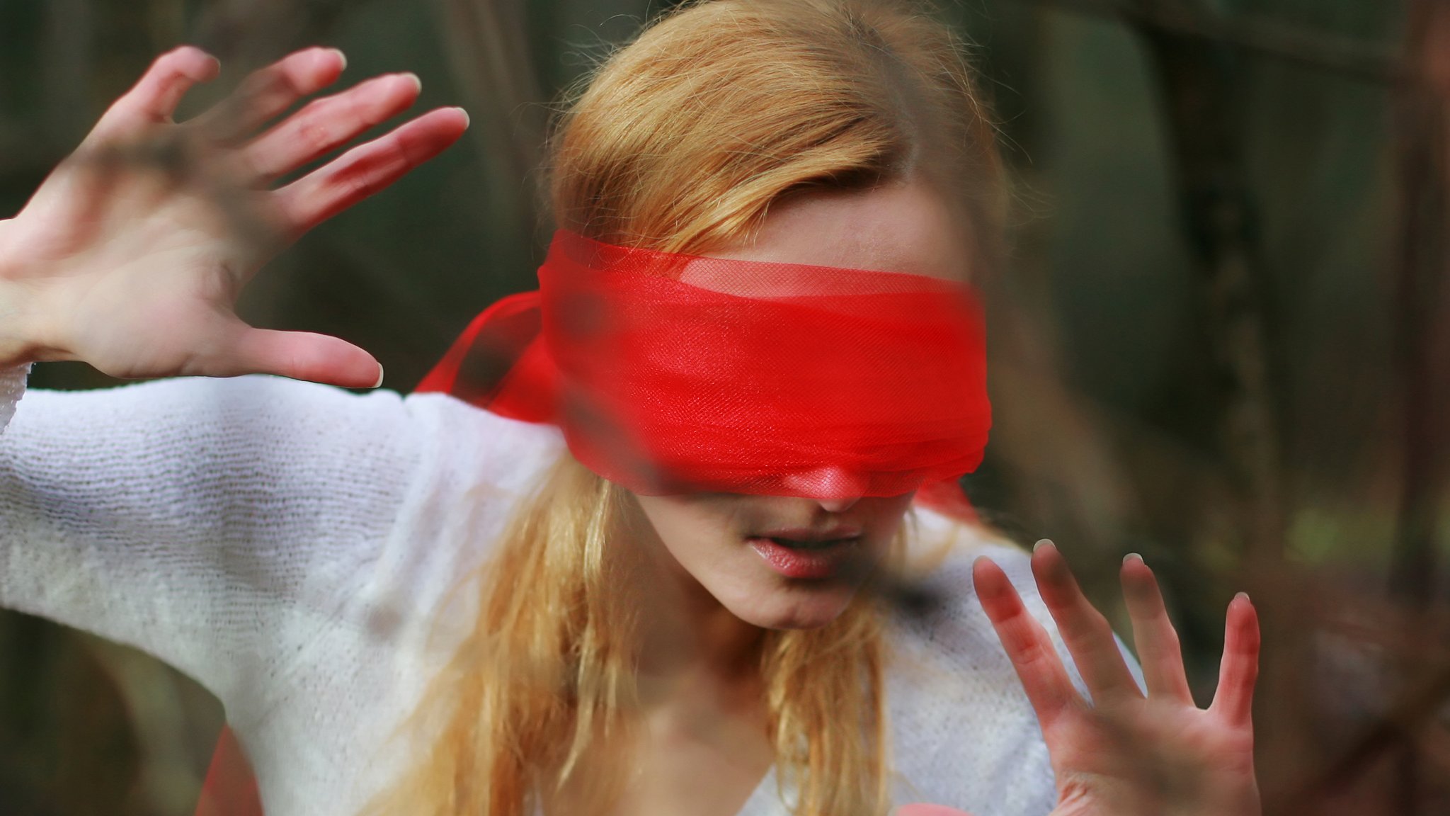 Blindfolded woman, red, Blindfolded, woman, girl, HD wallpaper