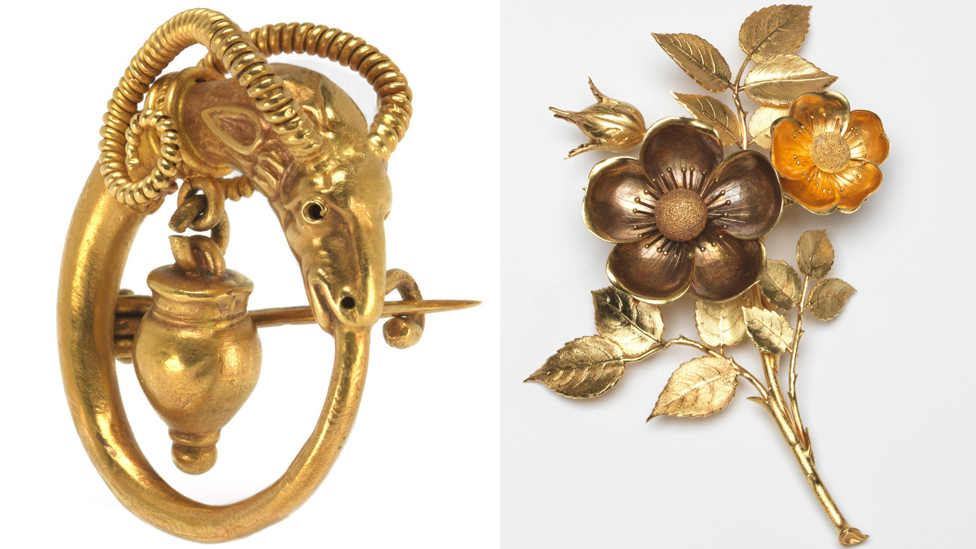 Золотая брошь Castellani Rome c 1860 по 1870 год; Золотая брошь и украшение для волос Hunt & Roskell c 1850