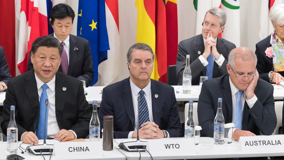 Мировые лидеры, в том числе Си Цзиньпин из Китая и Скотт Моррисон из Австралии, на саммите G20 в Осаке в июне 2019 года.