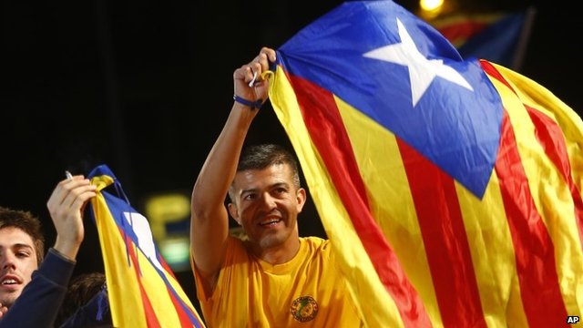 Catalonian pro-independence supporters celebrate in Barcelona, Spain
