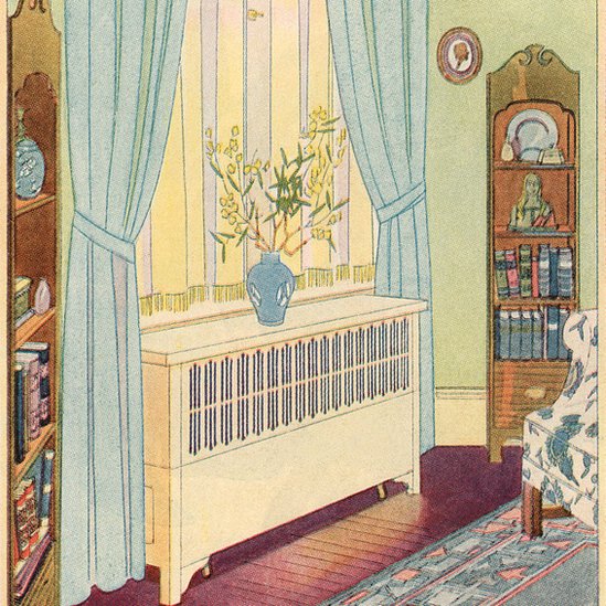Ilustración de la década de 1920 que muestra el calentador debajo de la ventana.
