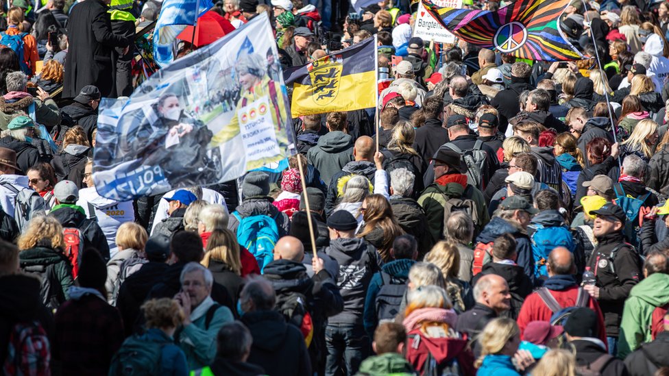 Protesters march in Stuttgart a stronghold of the Querdenken movement.