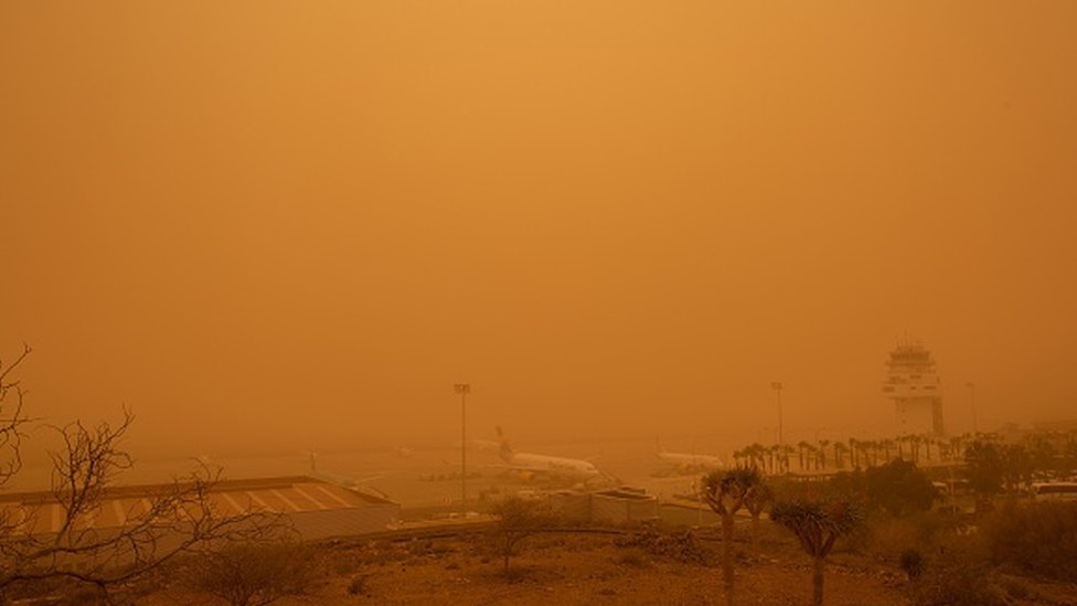 Самолеты в аэропорту Тенерифе Южный Рейна София во время песчаной бури