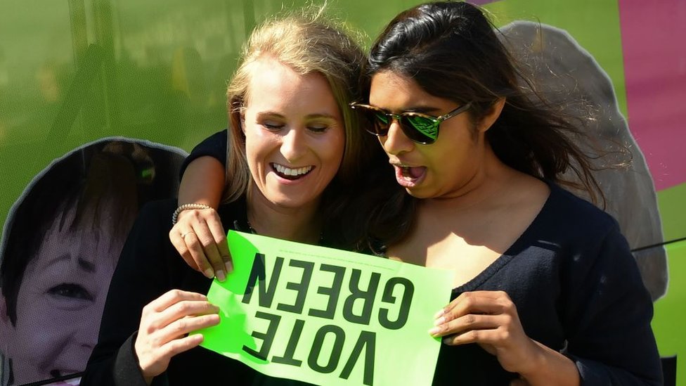 Dos mujeres jóvenes con una pancarta a favor del Partido Verde.