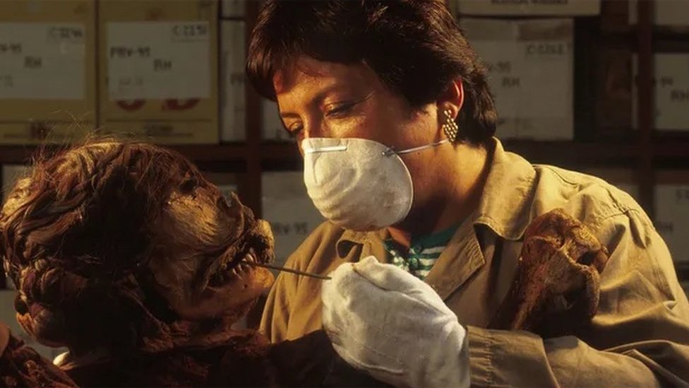 Sonia Guillen and the Chiribaya mummies studies the teeth of the mummy