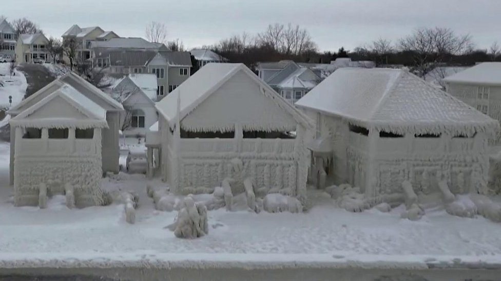 Houses completely covered in ice in Ontario, Canada