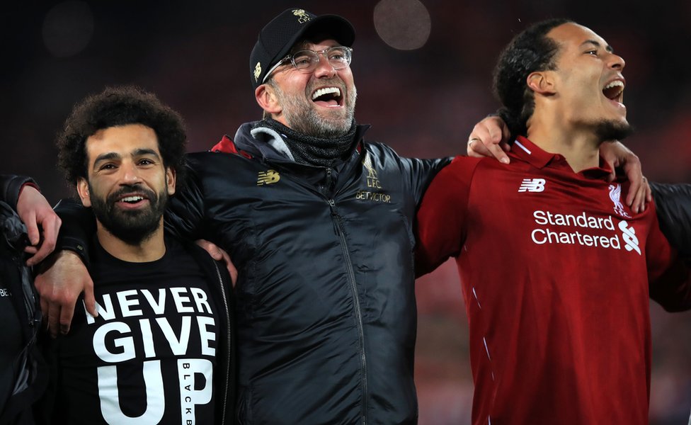 Mohamed Salah (left), manager Jurgen Klopp (centre) and Virgil van Dijk celebrate after the UEFA Champions League Semi Final