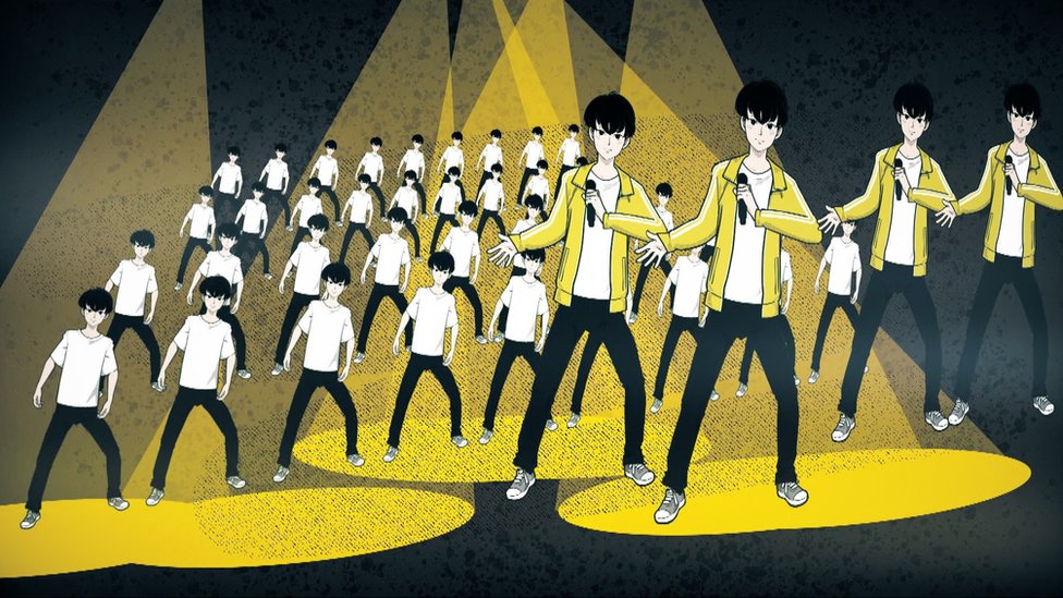 Ilustración de filas de idénticos cantantes y bailarines de J-pop.