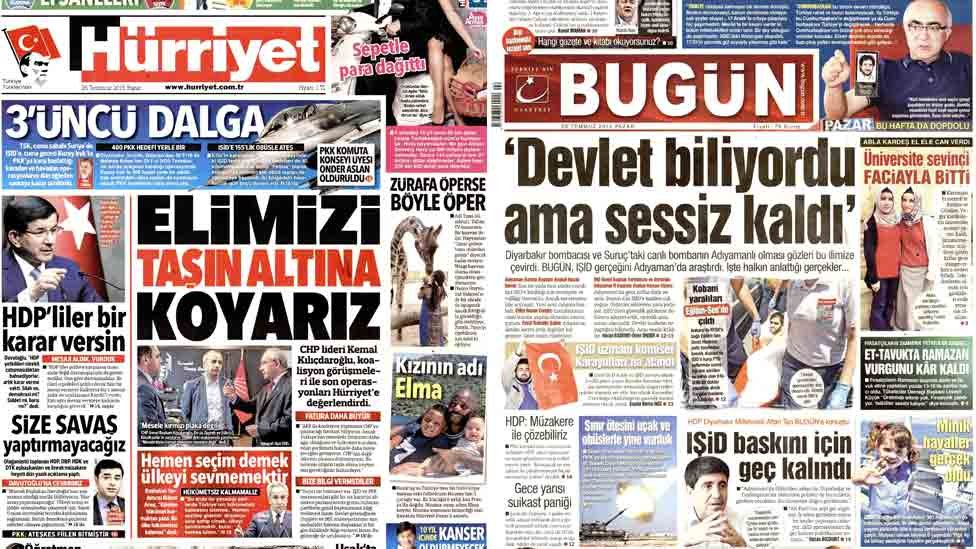 Подборка заголовков на первых полосах газет Hurriyet и Bugun от 26 июля 2015 г.